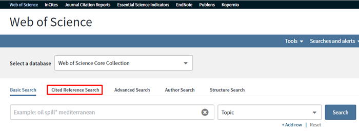 Screenshot of the Web of Science search homepage with "Cited Reference Search" boxed in red.