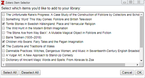Screenshot of the Zotero dialogue box for saving multiple articles with three articles checked.