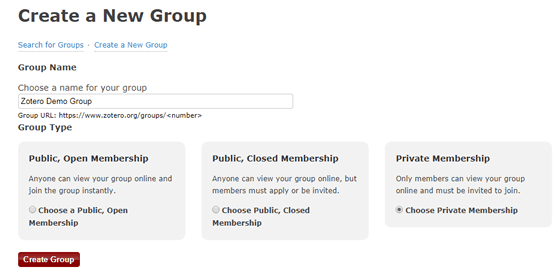 Screenshot of the "Create a New Group" page on Zotero's website.