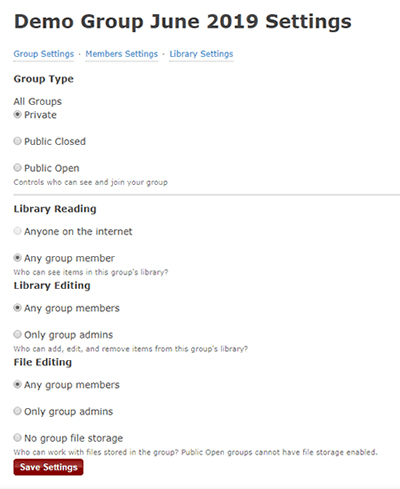 Screenshot of the settings page for a new group on Zotero's website.