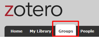 Screenshot of the Zotero website header bar with "Groups" clicked and boxed in red.