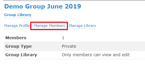 Screenshot of a group profile on the Zotero website with "Manage Members" boxed in red.