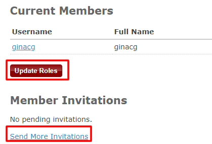 Screenshot of a "Manage Members" page for a Zotero group with "Update Roles" and "Send More Invitations" boxed in red.