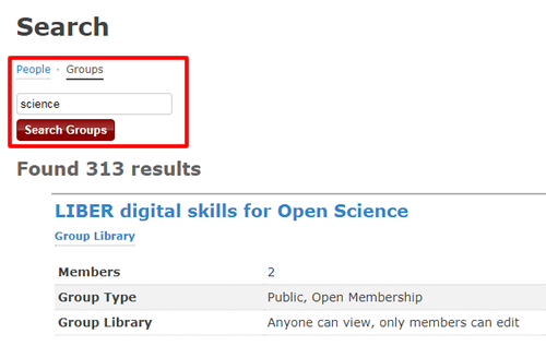 Screenshot of a search for Zotero groups with the word "Science" in their names.