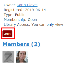 Screenshot of information for a Zotero group with "Join" boxed in red.