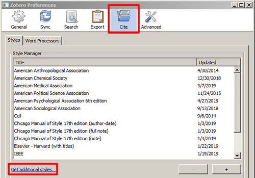 Screenshot of the "Cite" tab in Zotero's preferences window with "Get additional styles..." boxed in red.