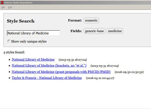 Screenshot of the Zotero citation style search window.
