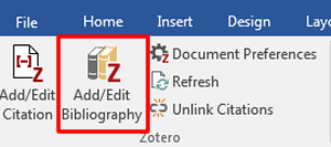 Screenshot of the icons in the Zotero tab in Microsoft Word with "Add/Edit Bibliography" boxed in red.