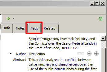 Screenshot of the right-hand pane for a Zotero reference with the "Tags" tab boxed in red.