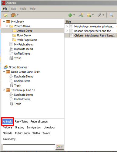Screenshot of Zotero with a tag called "Animals" selected and boxed in red.