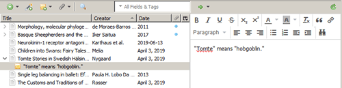 Screenshot of Zotero with a note for a reference open.