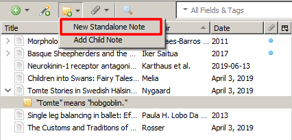Screenshot of Zotero with the drop-down menu for the sticky note icon open and the option "New Standalone Note" boxed in red.