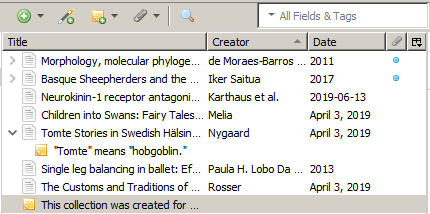 Screenshot of a Zotero sub-collection containing both a note on a reference and a standalone note.