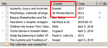 Screenshot of a Zotero reference list sorted in alphabetical order by creator with the creator label and references below it boxed in red.