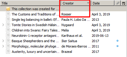 Screenshot of a Zotero reference list sorted in reverse alphabetical order by creator with the Creator heading and the references below it boxed in red.