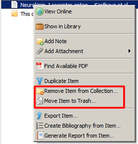 Screenshot of the drop-down menu that appears when a reference in Zotero is right-clicked with "Remove Item from Collection..." and "Move Item to Trash..." boxed in red.