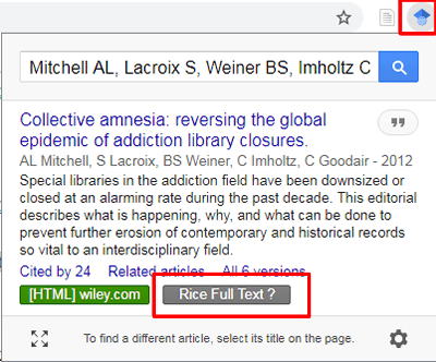 Screenshot of the Google Scholar Button with a citation uploaded and "Rice Full Text" boxed in red.