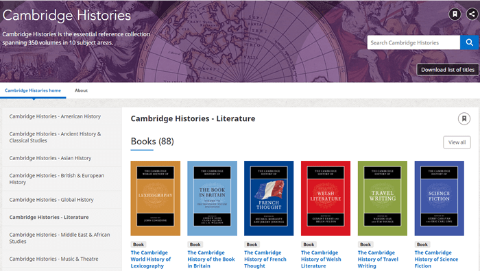 Screenshot of the homepage for the Cambridge Histories - Literature series.