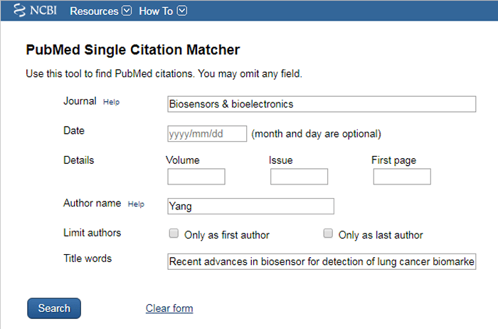Screenshot of a PubMed Single Citation matcher form with the journal, author name, and title words fields filled out.