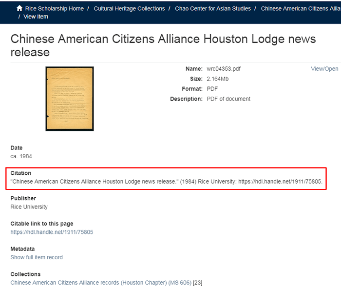 Screenshot of an item record in the RDSA with the citation boxed in red.