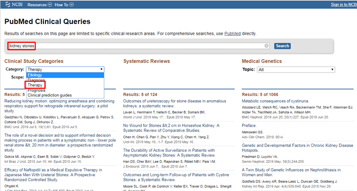Screenshot of a PubMed Clinical Queries search for "kidney stones" with the Category drop-down menu for clinical studies open.