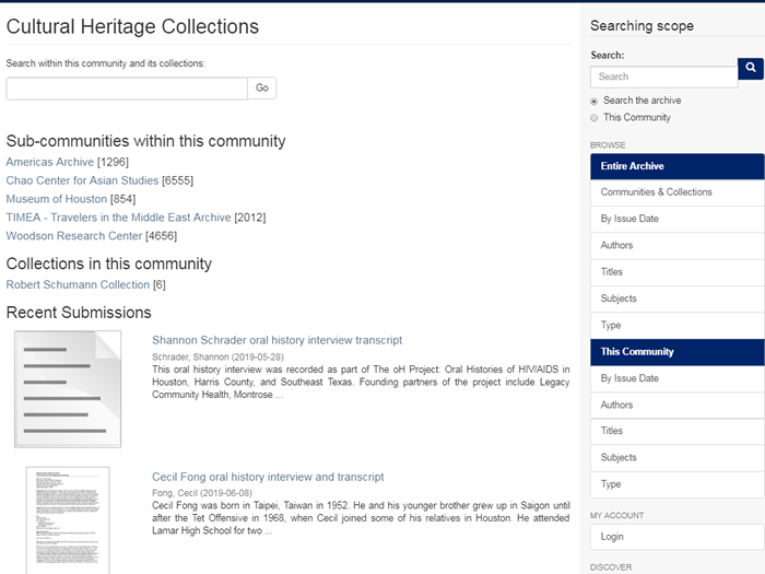 Screenshot of the "Cultural Heritage" collections page in the RDSA.