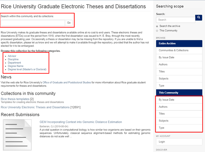 Screenshot of the "Rice University Graduate Electronic Theses and Dissertations" page in the RDSA.