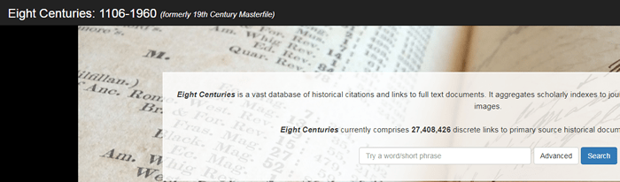 Screenshot of the Eight Centuries homepage.