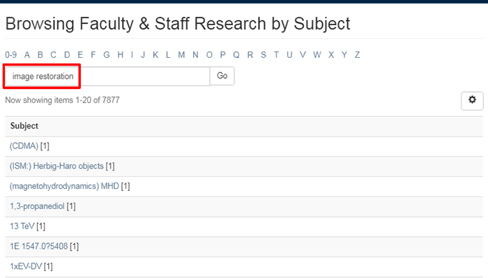 Screenshot of the "Browsing Faculty & Staff Research by Subject" page with a search for "Image restoration" boxed in red.
