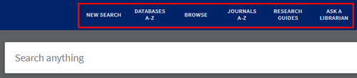 Screenshot of OneSearch keyword search bar with the links above to other search options boxed in red.