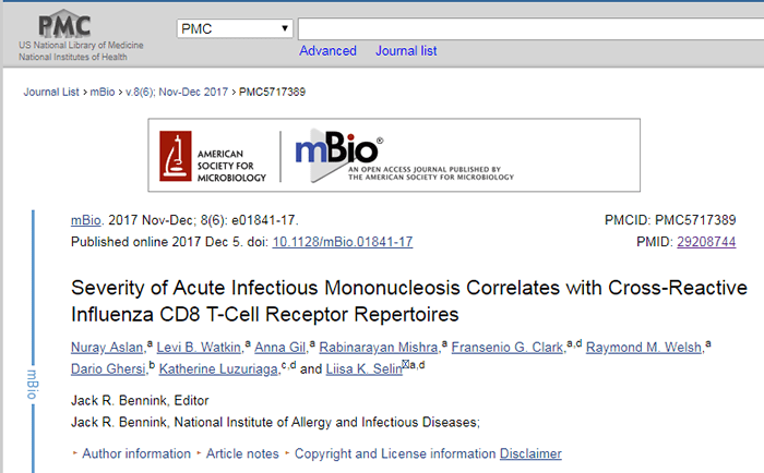 Screenshot of a PubMed Central copy of an article titled "Severity of Acute Infectious Mononucleosis Correlates with Cross-Reactive Influenza CD8- T-Cell Receptor Repertoires."