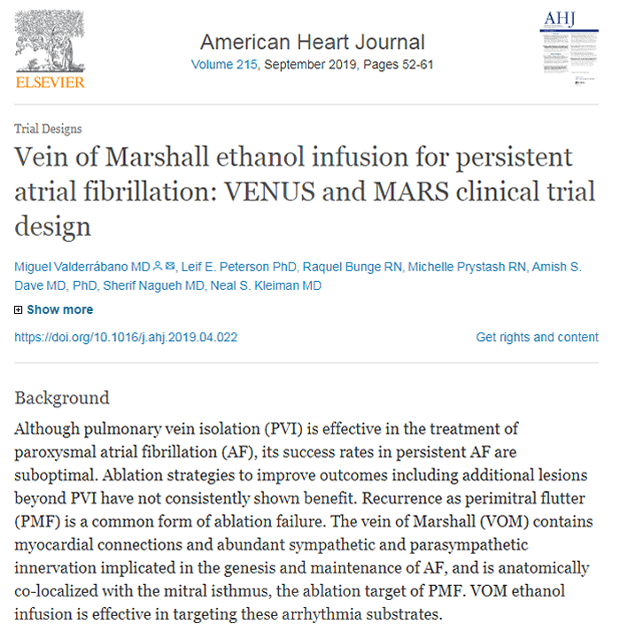 Screenshot of an article titled "Vein of Marshall ethanol infusion for persistent atrial fibrillation."