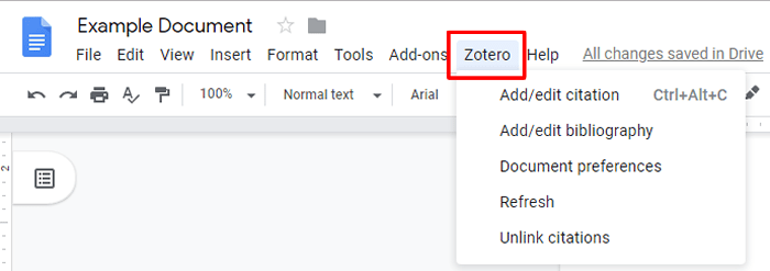 Screenshot of the "Zotero" drop-down menu in Google Docs.