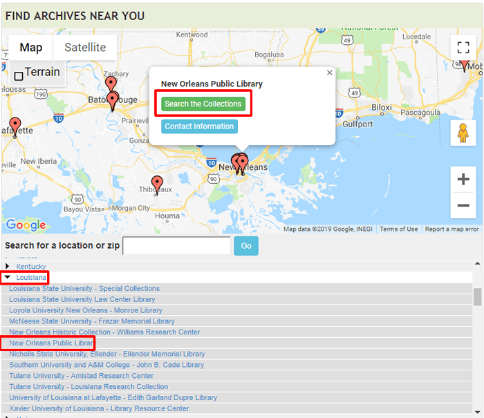 Screenshot of ArchiveGrid navigated to the New Orleans Public Library with "Search the Collections" boxed in red.