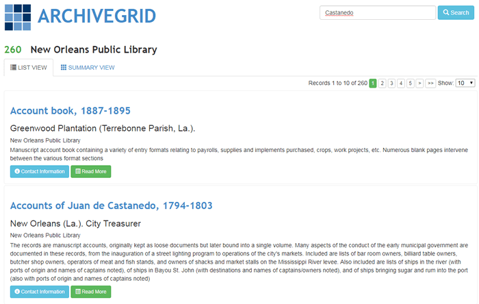Screenshot of a list of New Orleans Public Library records in ArchiveGrid.