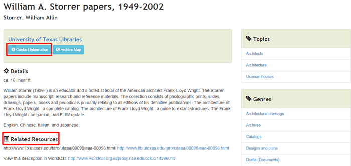 Screenshot of the ArchiveGrid record for the William A. Storrer papers, 1949-2002.