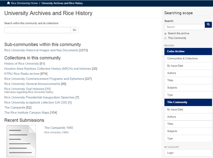Screenshot of the "University Archives and Rice History" page in the RDSA.