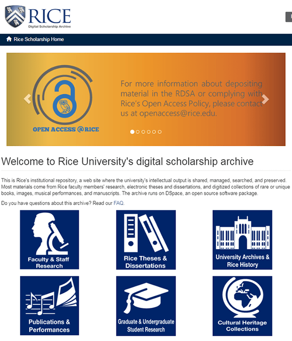 Screenshot of the homepage of Rice's Digital Scholarship Archive
