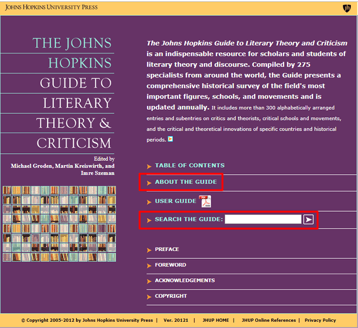Screenshot of the homepage for the Johns Hopkins guide to Literary Theory and Criticism with "About this Guide" and "Search the Guide" boxed in red.