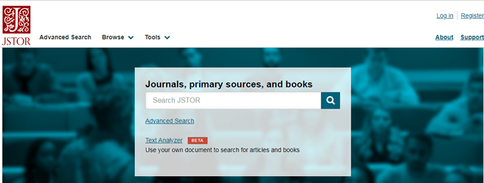 Screenshot of the homepage for JSTOR.