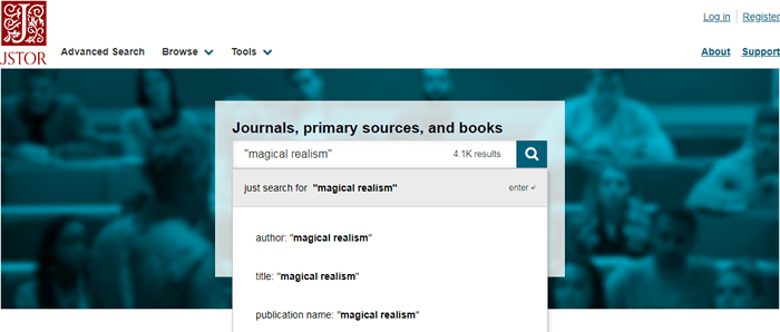 Screenshot of a JSTOR search for "magical realism" with suggestions shown.