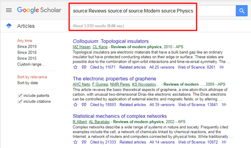 Screenshot of a Google Scholar source search for "Reviews of Modern Physics" with the search and the number of results boxed in red.