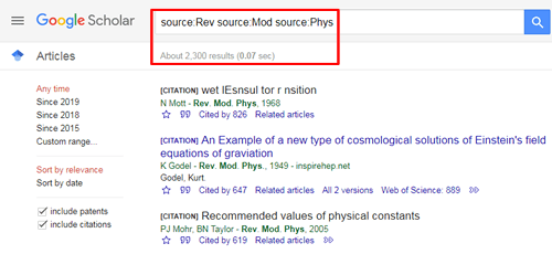 Screenshot of a Google Scholar source search for "Rev Mod Phys" with the search and the number of results boxed in red.