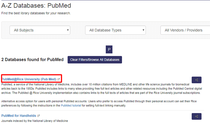 Screenshot of an A-Z Databases search for PubMed with the link to PubMed boxed in red.