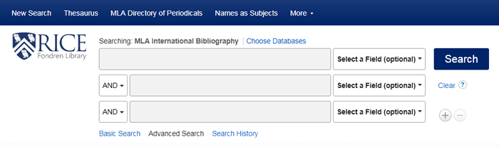 Screenshot of the homepage of the MLA International Bibliography (MLA IB).
