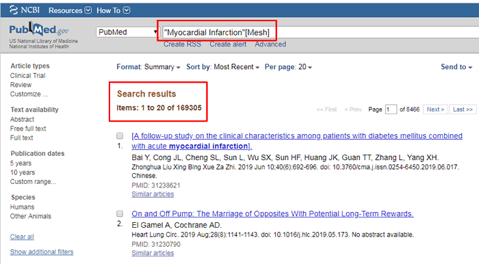 Screenshot of a PubMed search for the MeSH term "myocardial infarction" with the search and number of results boxed in red.