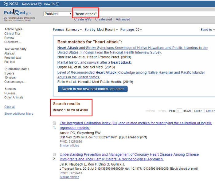 Screenshot of a PubMed phrase search for "heart attack" with the search and the number of results boxed in red.