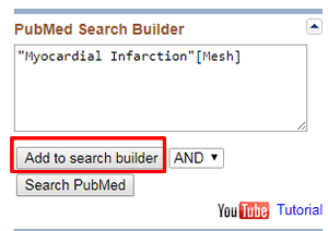 Screenshot of a PubMed Search Builder with the MeSH term "myocardial infarction" added and the "Add to search builder" button boxed in red.
