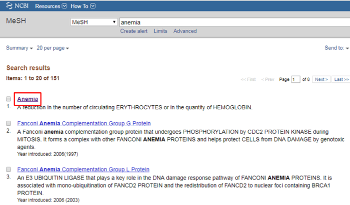 Screenshot of a MeSH search for "anemia" with the top result boxed in red.