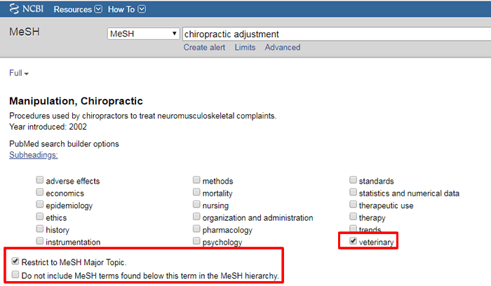 Screenshot of the MeSH page for "Manipulation, Chiropractic" with the veterinary subheading and "Restrict to MeSH Major Topic" box checked.
